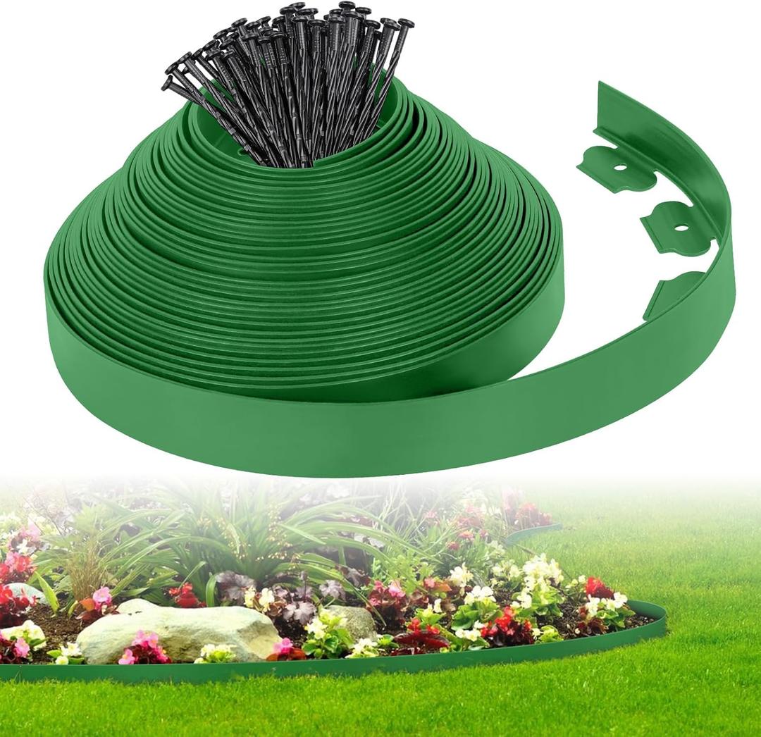 2-Inch x 50 FT Landscape Edging Border with 75 Stakes, Garden Edging Border Lawn Edging Border, Plastic Edging Border Flexible for Garden Flower Beds Lawn Yard Paver Pathway (Green)
