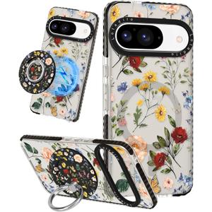 Cute for Google Pixel 9 Pro/9 Case - Compatible with Magsafe Magnetic Ring Holder Stand Kickstand for Women Girls Girly Funny Fashion TPU Phone Case, Retro Flower