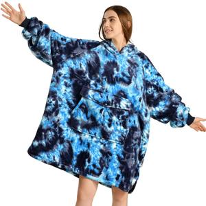 Krifey Wearable Blanket Hoodie, Oversized Sherpa Hooded as Birthday Gifts for Mom Women Girlfriend Men, Cozy Sweatshirt with Giant Pocket (Adult, Dark Blue Tie Dye)