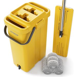JOYMOOP Industrial Mop and Bucket Set, 17.7-inch Dust Mops for Floor Cleaning, Flat Mop Bucket with Wringer, Include 3 Reusable Microfiber Mop Pads - Yellow