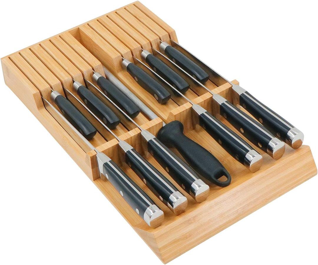 Utoplike in-Drawer Knife Block Bamboo Kitchen Knife Drawer Organizer, Handle Steak Knife Holder Without Knife, Fit for 12 Knives and 1 Sharpening Steel (Knives Not Included)