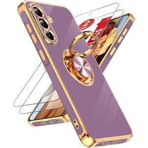 LeYi for Galaxy A37-5G Phone Case: with 2 Pack Tempered Glass Screen Protector and 360 Rotatable Ring Holder Magnetic Kickstand, Plating Rose Gold Edge for Samsung A 37 5G Case, Purple