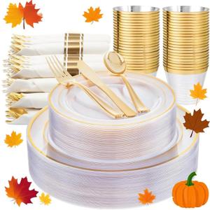 WELLIFE 350PCS Clear-Gold Plastic Plates - 100 Disposable Plates, 150Plastic Silverware, 50 Cups, 50 Napkins for Wedding & Party