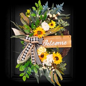 Spring Summer Wreaths for Front Door Porch Wall Window, 22" Farmhouse Sunflower Welcome Sign Wreath for Home Decor Outdoor Indoor