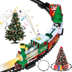 Sratte Christmas Electric Train Set Around The Christmas Tree, Train Toy Set with Track Locomotive Santa Claus Snowman Xmas Tree Music and Lights Christmas New Year Gifts for Boys Girls