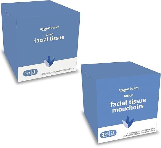 Basics Facial Tissue with Lotion, 2-Ply, 1350 Count (8Packs of 75), (Packaging May Vary)