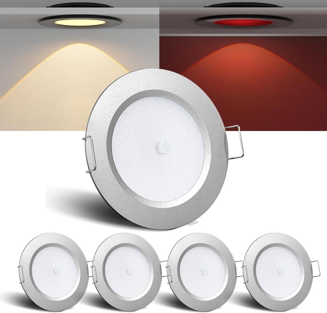 3" LED 12V Push Lights w/Built-in Switch Interior Bi-Color 12 Volt Red LED Puck Light Full Aluminum RV Dimmable Flush Mount Light for Camper, Boat, Trailer 4Pcs (Silver, Warm White)