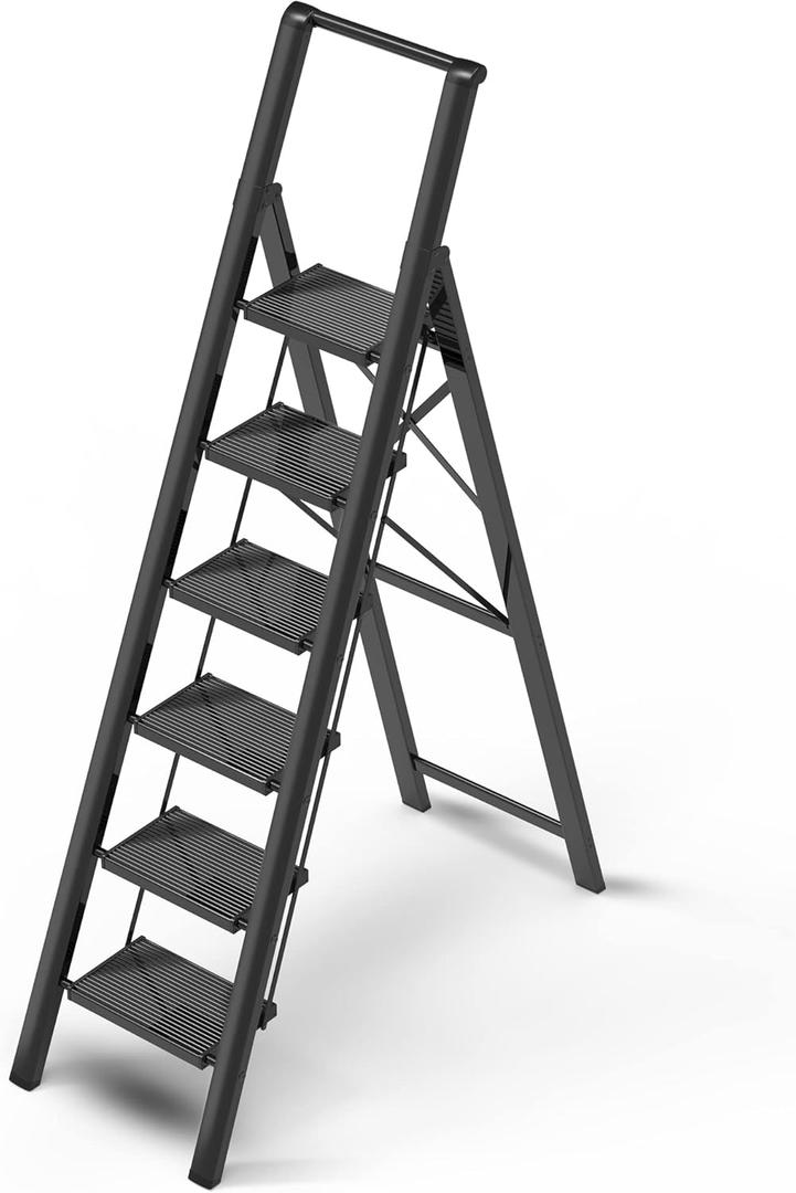 GameGem 6 Step Ladder for 12 Feet High Ceiling, Lightweight Aluminum Folding Step Stool with Convenient Handgrip, Stepladders with Anti-Slip and Wide Pedal for Home Use Space Saving - Black