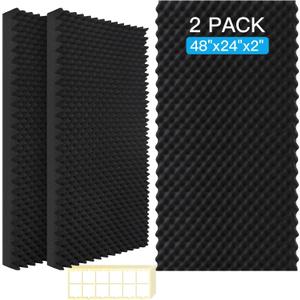 2 Pack Acoustic Panels, 48x24x2 Egg Crate Soundproof Foam Wall Panels High Density Noise Canceling Studio Foam Wall Panels for Echo Absorption Home Office (Black 2 Pack, 48"x24"x2")