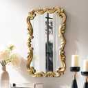 LOVNAHO Vintage Gold Mirror for Bathroom with Wood Carved Frame Scalloped Arched Mirror Length-15.7X23.8inch French Decorative Wall Mirror for Bedroom,Entryway,Fireplace (Gold foil)