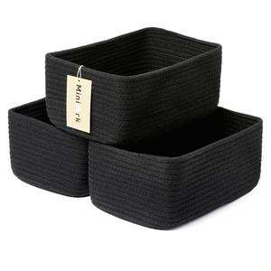 MiniArk Small Basket for Organizing | Cube Shelf Closet Storage Baskets | 9.7×9.7×7.1” | Woven Rope Gift Basket | Nursery | Round 3 Packs Black