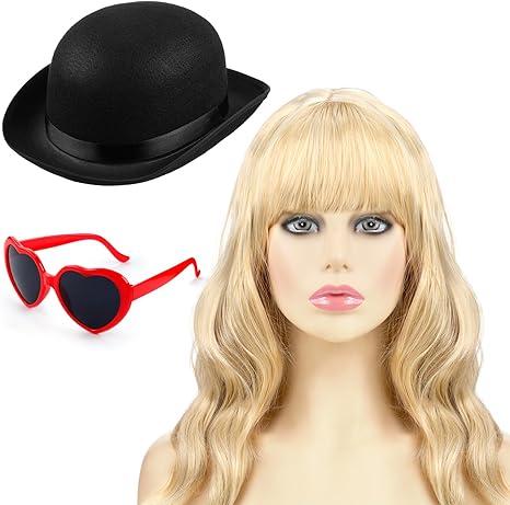 Riceshoot 3 Pcs Halloween Singer Costume Accessories Include Blonde Wig Black Bowler Hat with Red Heart Sunglasses for Costume Party Music Festival Concert