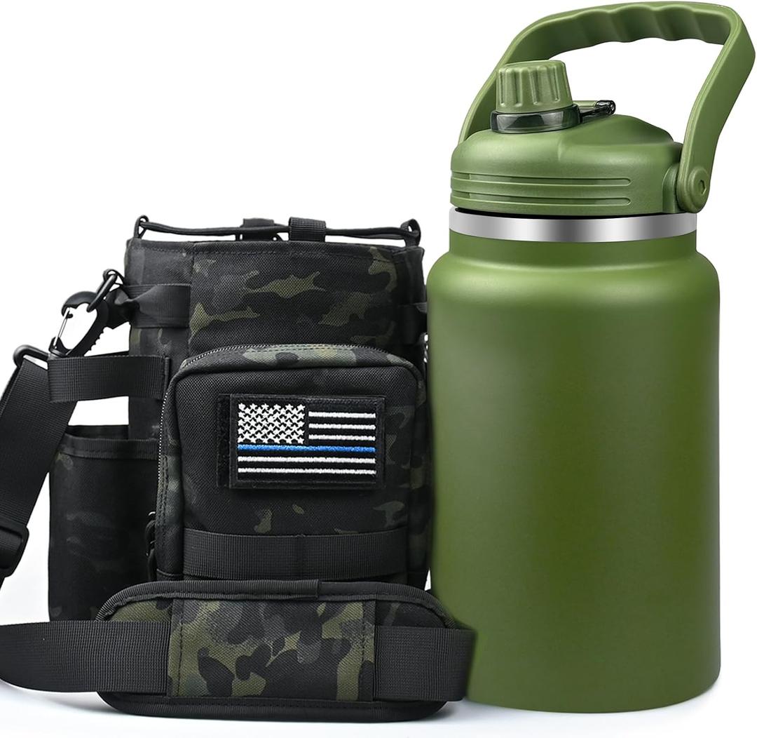 1 Gallon Water Bottle with Military Style Bottle Holder Bag Insulated Stainless Steel Water Jug for Men (Army Green)