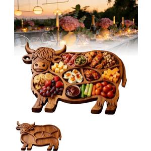 Highland Cow Charcuterie Board Wooden Boards for Serving Food Highland Tray Cheese Natural Solid Wood with Compartments Rustic Farmhouse Shaped Made from Divided Style Meat Fruit Snack Cracker (1PC)
