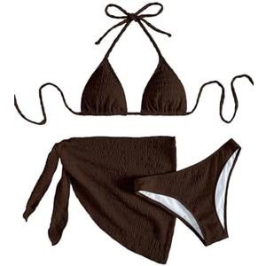SHENHE Women's 3 Piece Textured High Cut Halter Triangle Bikini Swimsuit with Cover Up, Medium, Brown 
