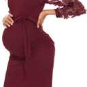 Floral Mesh Bishop Long Sleeve Maternity Midi Dress, Fall Maternity Bodycon Dress for Baby Shower (Large)