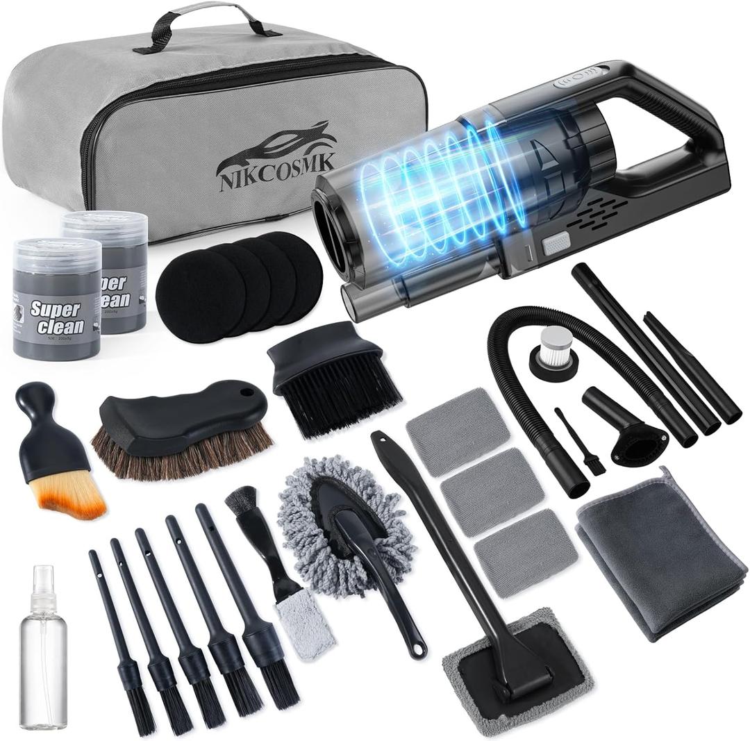 NIKCOSMK Car Cleaning Kit, Car Detailing Kit with Car Vacuum 8000PA High Suction, Car Interior Cleaning Supplies with Detailing Brushes, Windshield Cleaner Tool, Car Accessories for Men & Women (Black)