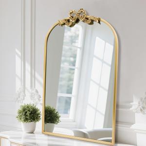 Vintage Arched Bow Gold Mirror: 36"x24" Large Antique Wall Mirrors with Metal Frame for Bathroom Vanity - Baroque Ornate Bow Decor for Living Room, Fireplace, Entryway, Hallway