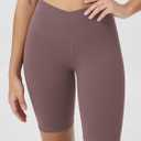 ODODOS Women's Crossover Yoga Shorts with Back Pocket, 8" Buttery Soft V High Waist Lounge Biker Shorts, Purple Taupe, Small (S)