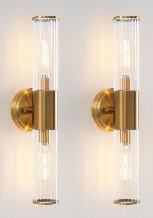 KUZZULL Wall Sconces Set Of Two Brushed Brass Gold Wall Mounted Lamp Indoor Sconces Wall Lighting With Stripped Glass Shade Mode