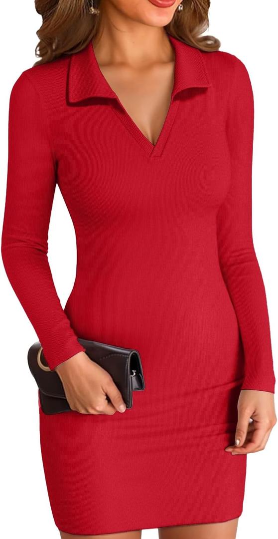 VICHYIE Women Lapel Neck Ribbed Bodycon Tight Fall Dress Long Sleeve Mid Thigh Pencil Above Knee Dresses Small