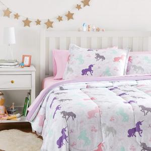 Amazon Basics 7-Piece Soft Microfiber Kid's Bed-in-a-Bag Bedding Set with Comforter and Sheet, Full/Queen, Purple Unicorns