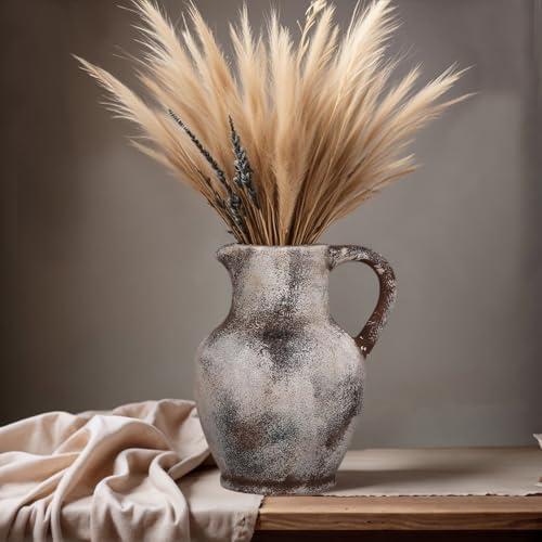 LUQKTES Rustic Ceramic Farmhouse Vase Home Decor with Handle, Vintage Pottery Terracotta Pampas Grass Vases for Dinning Table Centerpieces Kitchen Living Room Mantel Barn Entryway- 8 Inch