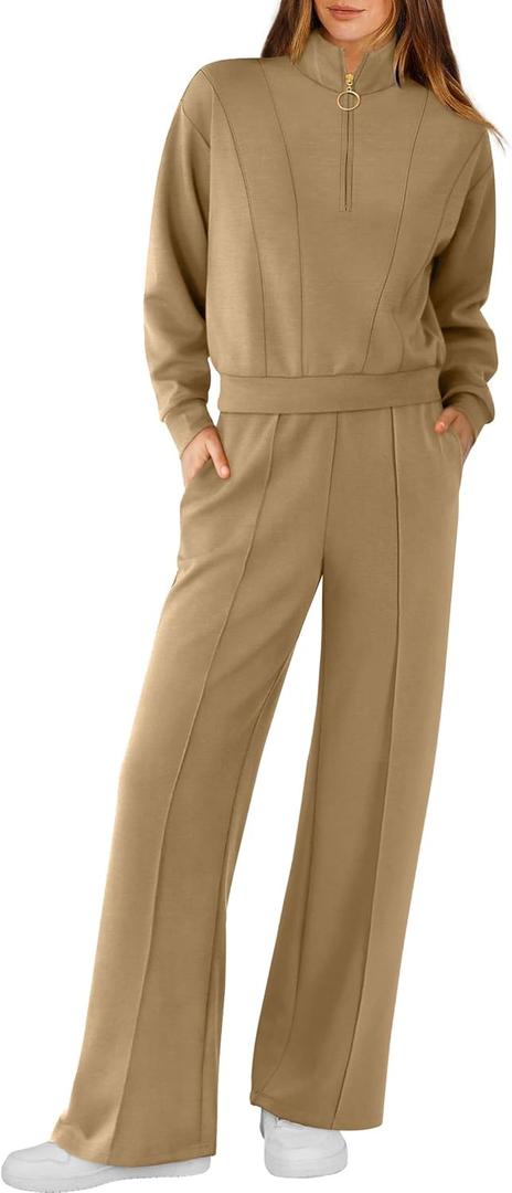 RUBZOOF Lounge Sets for Women 2 Piece Sweatsuits Fall Outfits Half Zip Sweatshirt Wide Leg Sweatpants Matching Clothing Set (XX-Large, 07-khaki)