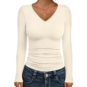 IWD Womens Long Sleeve Shirts V Neck Casual Tops 2026 Fashion Slim Fitted Tops Basic Tee Y2k Outfits, Size L