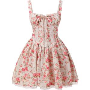 Women's Corset Dress Floral Mini Sexy Spaghetti Straps Low Cut Lace Short Dress Ruffle Summer Bustier Sundress (White Red) XL
