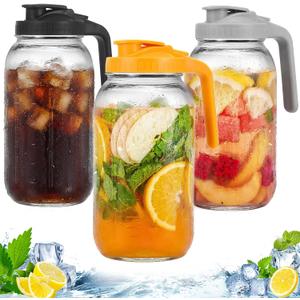 3 Pack Glass Pitchers with Lid, 64 oz Sun Tea Pitcher, Half Gallon Mason Jar Pitcher with Wide Mouth Airtight Lid for Ice Tea, Cold Brew Coffee, Fridge Water, Milk, Juices, Leak Proof Water Jug