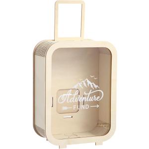 Vesici Adventure Fund Money Box Wooden Vacation Decorative Savings Box Suitcase Wood Adventure Travel Money Coin Bank Case Gift for Adults Wedding Reception, Birthday, Bridal Showers