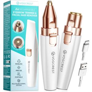 Rechargeable Eyebrow and Facial Hair Remover for Women - 2 in 1 Razor with Built-in LED Light for Painless Hair Removal (White)
