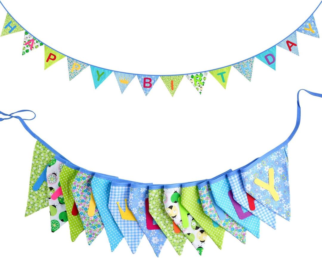 GCQQ Happy Birthday Banner 14PCS Green and Blue Cotton Bunting Flags 3.5M/11.5FT Reusable Double-Layer Garland for Boys Birthday Party, Jungle Theme Garden Farmhouse Indoor & Outdoor Party Decorations
