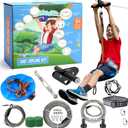 Zip Line Kit for Kids and Adults, 100/120 / 150/200 ft, Up to 350 Lbs, Rustproof Stainless Steel, Quick Setup with Ratchet, Safety Harness, Backyard Adventure Fun Includes Climbing Holds