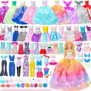 70 Pcs Doll Clothes and Accessories,2 Wedding Gown 6 Fashion Dresses 2 Set Casual Outfits 1 Top 1 Pant Bikini 1 Swimsuit,20 Hanger 10 Shoe 27 Accessories Toys for Girls Kids Birthday Gift