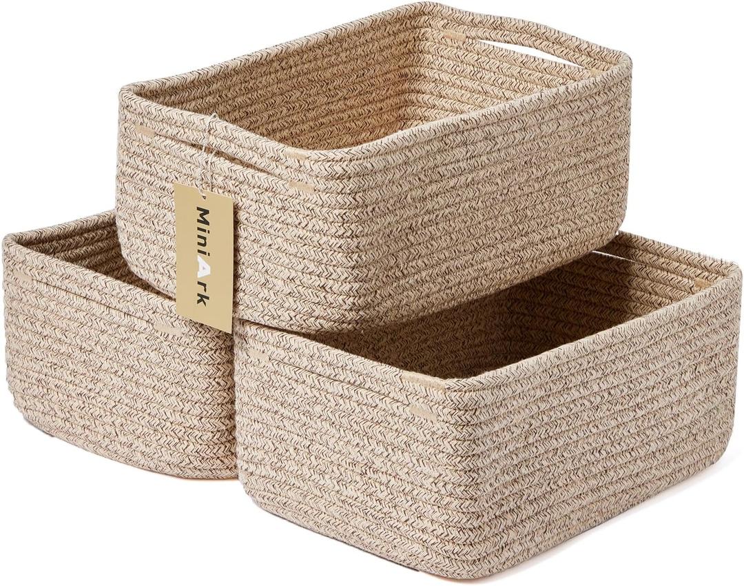 MiniArk Small Storage Baskets for Organizing | Closet Organizer Bins | Shelf Toy Basket | Woven Rope Baskets | Cube Decorative Box | Shallow Basket | 13x8.5x5.1 | 3 Packs Mixed Brown