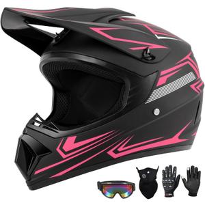 Youth Kids Dirt Bike Motocross Helmet (Goggles Gloves Face Mask) 4PCS Set, DOT Approved Girls Full Face Motorcycle Helmets, ATV BMX MX Mountain Bike Off Road Kid Helmet (Pink, L)