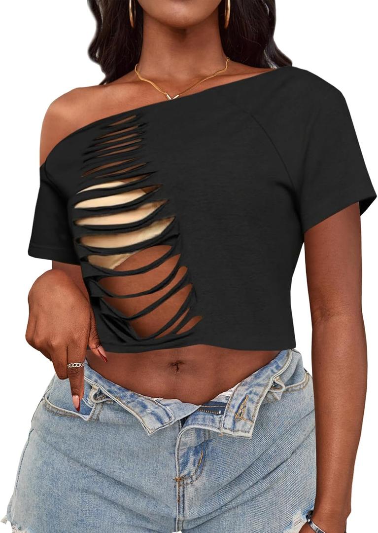 LovelyWholesale Womens Off The Shoulder Crop Tops Sexy Cut Out Ripped Short Sleeve T Shirts Black Small (Black, S)
