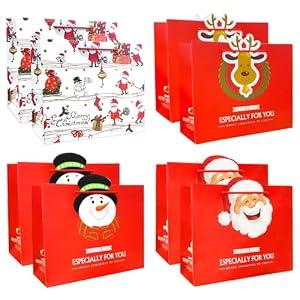 BASHLY 8 Pcs Christmas Gift Paper Bags with Handle, 12'' Large Size Holiday Paper Goody Treat Bags for Present Wrapping Xmas Decor Christmas Party Supplies