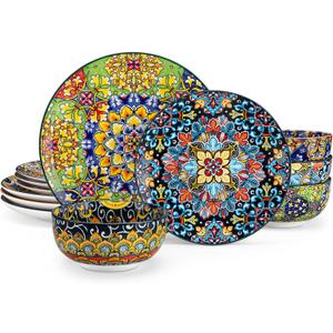 vancasso 12 Pieces Dinnerware Sets, Plates and Bowls Set, Porcelain Dishes Set for 4, Microwave and Dishwasher Safe, Scratch Resistant, Bohemian Style Dining Ware Service for 4, Series SIMI