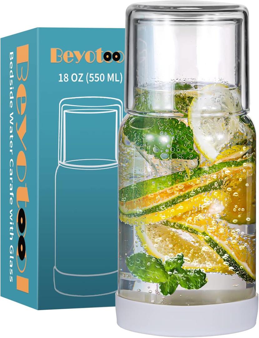 Bedside Nightstand Water Carafe and Glass Set, Night Water Carafe with Tumbler Cup, Clear Glass Mouthwash Dispenser for Bathroom, with Silicone Coaster, Heat and Cold Resistant, 18 OZ