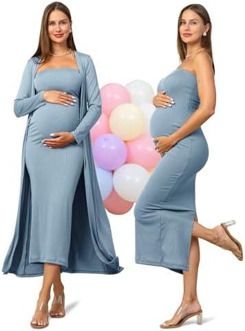 Rnxrbb 2 Piece Maternity Dress Cardigan Baby Shower Wedding Guest Summer Gender Reveal Photoshoot Tube Maternity Dress Long XL Light Blue