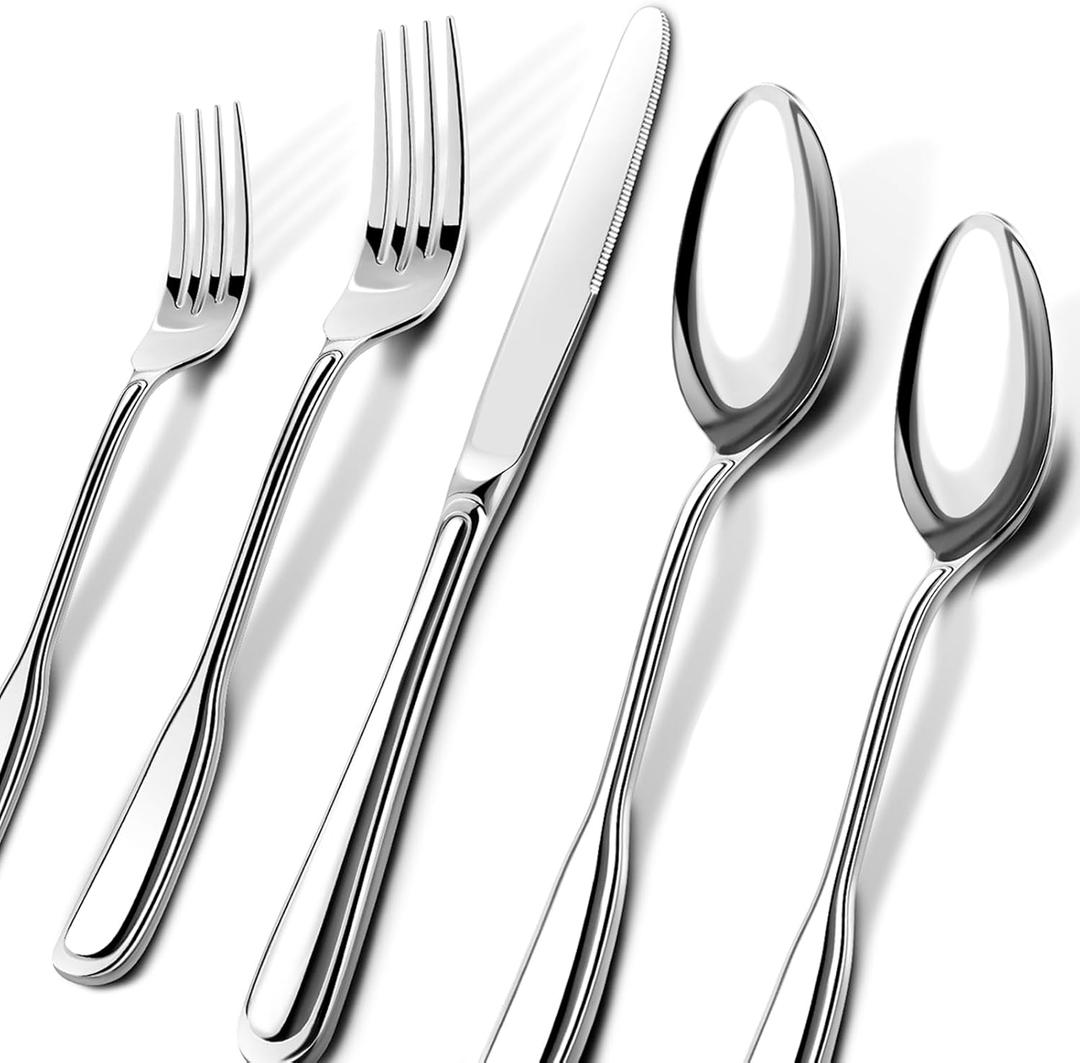 Silverware Set for 8, Stainless Steel Cutlery Set with Wide Handles, Mirror Polished Utensils Spoons and Forks Set, Dishwasher Safe (Silver, 40 Pieces for 8)