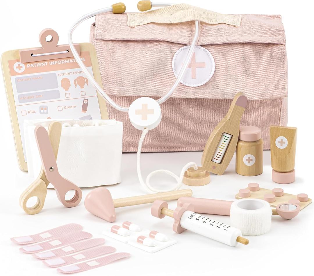 Wooden Doctor Play Set for Toddlers - A Complete Durable Pretend Play Medical Kit for Kids 3-5 with Realistic, Non-Toxic Tools & Carrying Case (Pink)