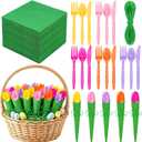 Vesici 50 Set Spring Plastic Cutlery Set Green Paper Napkins Purple Pink Yellow Red Orange Plastic Silverware DIY Heavy Duty Disposable Spoons Forks and Knives Bulk for Spring Holiday Party (Multicolor)