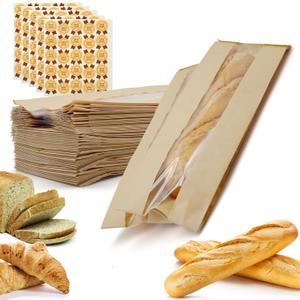105 PACK Paper Bread Bags with Stickers, Long French Bread Bags Kraft Paper Bread Loaf Bags with Clear Window for Homemade Bread & Baked Food Storage(13.78 * 4.33 * 1.57 Inch)