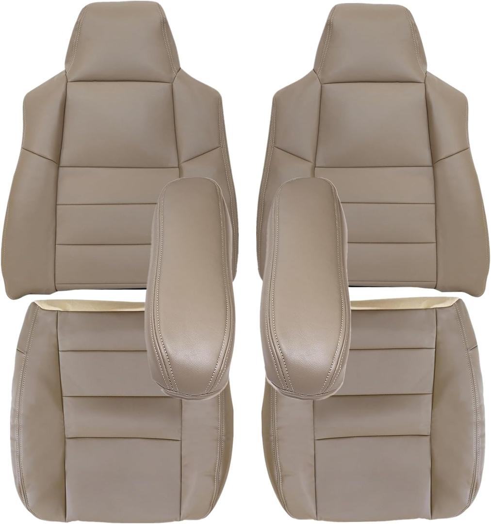 NLQR Tan Leather Driver and Passenger Side Bottom & Top Back Replacement Seat Covers & Armrest Covers Compatible with Ford F250 F350 F450 F550 Lariat 2002-2007 Compatible with Ford Excursion 2002-2005
