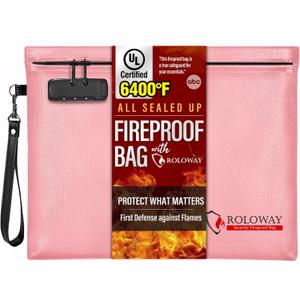 ROLOWAY Fireproof Document Bag (14.5 x 11.5 inch), 6400 Fireproof Money Bag with Zipper for Cash, Fire Safe Money Pouch with Lock (Pink) ROLOWAY Fireproof Document Bag (14.5 x 11.5 inch), 6400 Fireproof Money Bag with Zipper for Cash, Fire Safe Money Pouch with Lock (Pink)