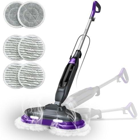 BOJUK Scrub & Steam Mop with Rotating Mop Pads, LED Headlights, 6 Scrub Pads, Large Tank, Swivel Steering, Effortless Scrubbing Hard Floor Cleaner Upgraded